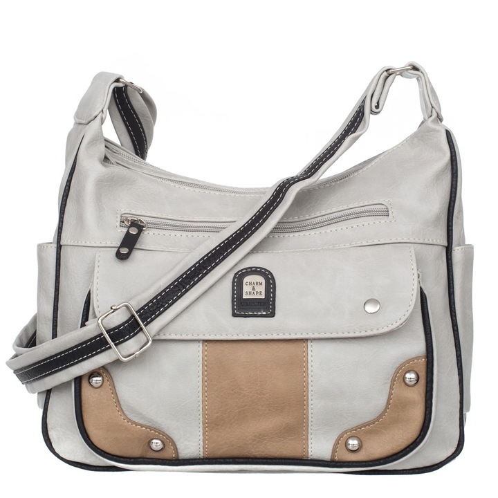 Női táska, Charm&Shape, Ökológiai bőr, 25x14x34 cm, Szürke/Bézs