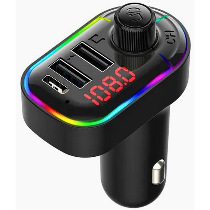 Modulator FM Sonic Charge Comari®, Bluetooth 5.0, cu functie de incarcator auto fastcharge, port USB si Type C, Negru