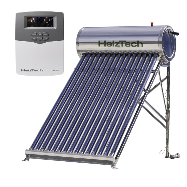 Panou solar automatizat, cu 15 tuburi vidate, pentru preparare apa calda menajera, cu rezervor otel inoxidabil nepresurizat 150 litri, controler SR501, HeizTech