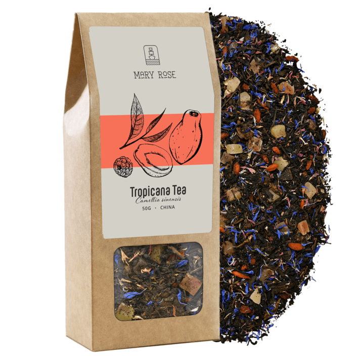 Ceai Rosu Pu-Erh Mary Rose Tropicana, Cu Papaya, Mango Si Goji, Calitate Superioara, Aroma Exotica De Fructul Dragonului, Mix Cu Petale De Albastrele, 50 g