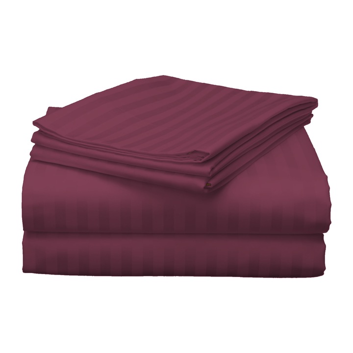 Cearsaf de pat 2 persoane Damasc Policoton dunga 1 cm, 220 x 230 cm, Rosu Visiniu