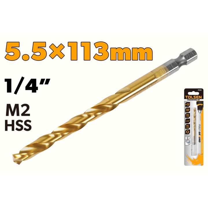 Burghiu metal TOLSEN 5.5 mm HSS M2, acoperire cu titan, coada hexagonala 1/4", DIN338, lungime 113 mm, punct 135°, pentru gaurire precisa si schimbare rapida