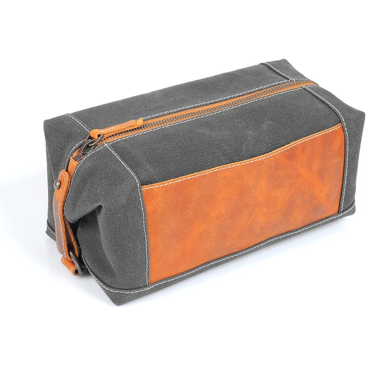 Пътна чанта за аксесоари от естествена кожа и платно, 13x25x12 см, Londo