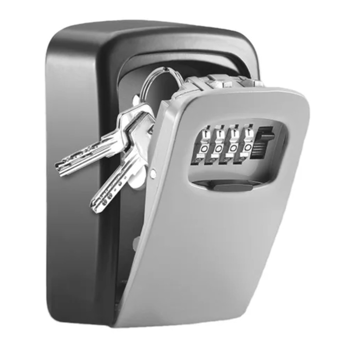 Cutie metalica cu cifru pentru depozitare chei, NEVERMORE, Regim Hotelier, Booking, AirBnb, 115 X 95 X 40 mm, Gri