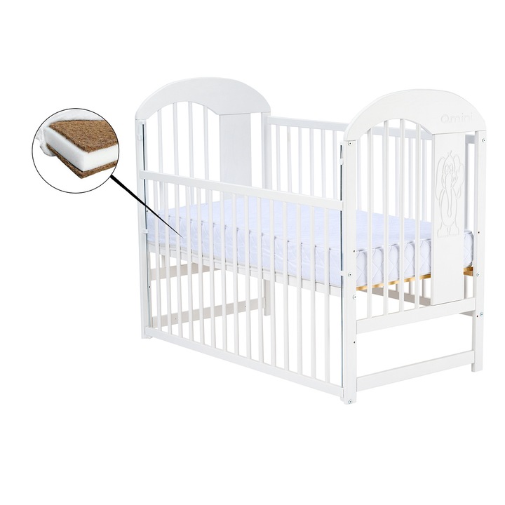 Patut, Qmini, din lemn Julia II Elefantel 120x60 cm Cu laterala culisanta Din lemn de pin Stabil si rezistent Inaltime saltea reglabila pe 3 nivele Laterala cu 3 bete detasabile EN716-1 EN716-2 Alb + Saltea 8 cm