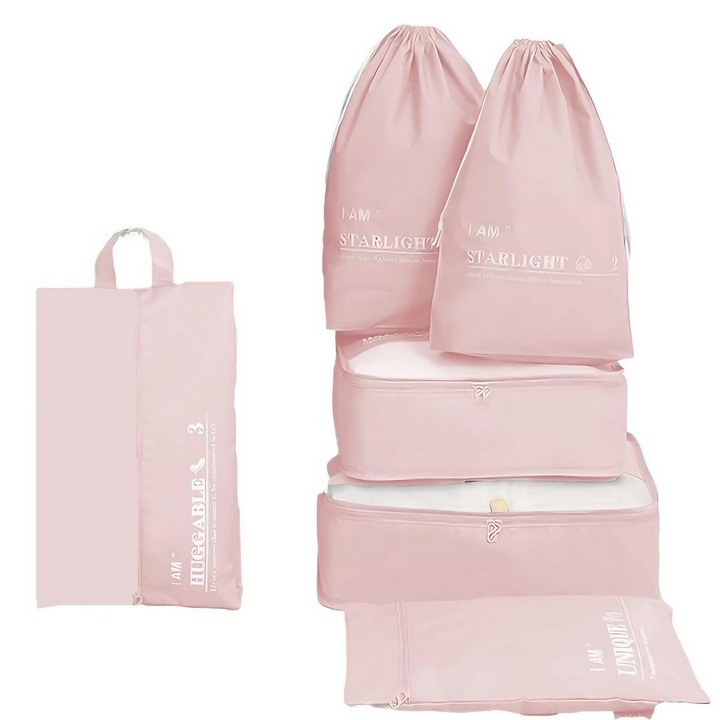 Set 6 huse organizare bagaj calatorie, rezistente la apa, roz, CEZI