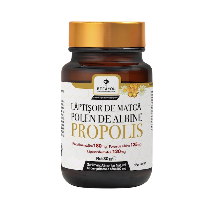 Supliment alimentar Pure Bee Complex, BEE&YOU, Propolis/Laptisor de matca/Polen, 60 tablete