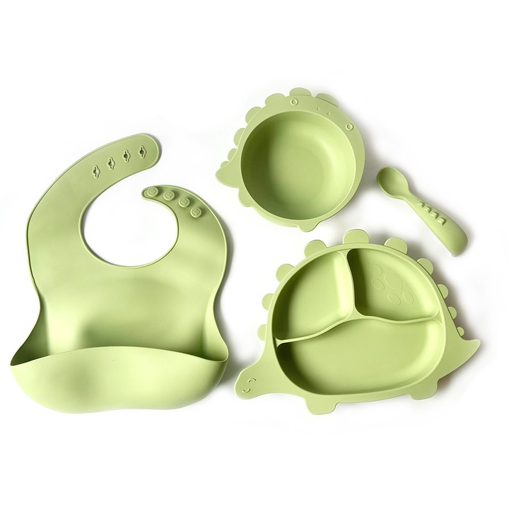 Bunny Dorothy, Szilikon 4db baba etetőkészlet, 6m+, Dinoszaurusz, tányér, tál, kanál, előke, BLW, ajándék babának, Zöld
