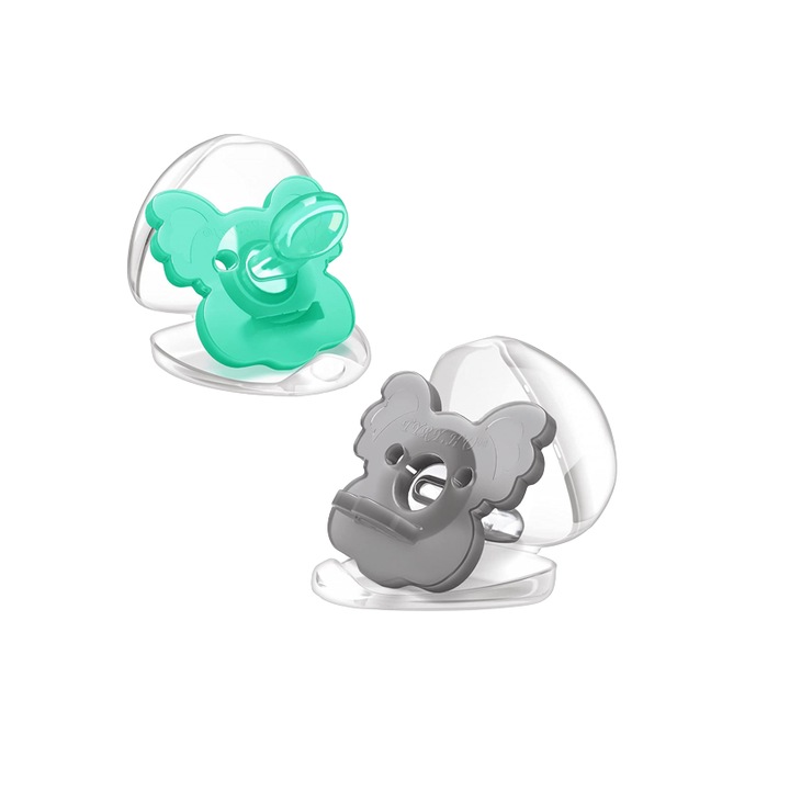 Комплект от 2 бр. залъгалки за бебета 6-18 месеца Tyry.Hu, силикон, сиво/зелено, 5 х 5,5 см