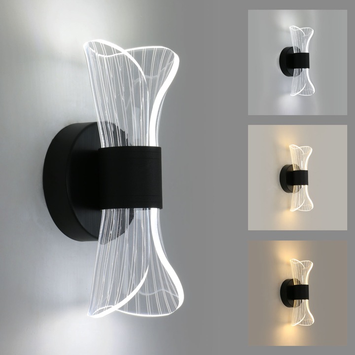 Aplica Cu Led, nterior Cu Led-Uri Reglabile, 12w, 22cm, Lumina Tricolora, Design Acrilic Modern, Negru