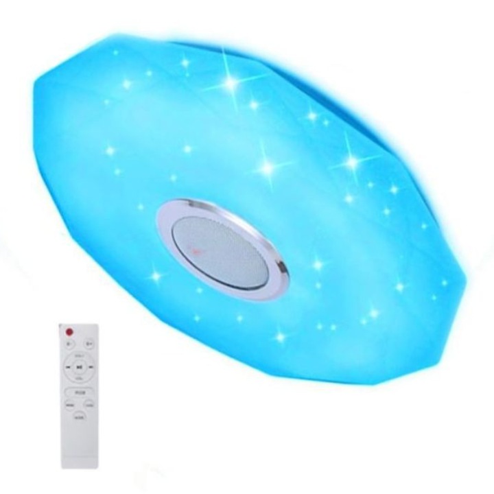 Plafoniera LED Smart LUXEMATE, RGB, Bluetooth cu Difuzor incorporat, Telecomanda, Reglare multicolora, Control prin Smart Phone din aplicatia ILINK, Clasa energetica A