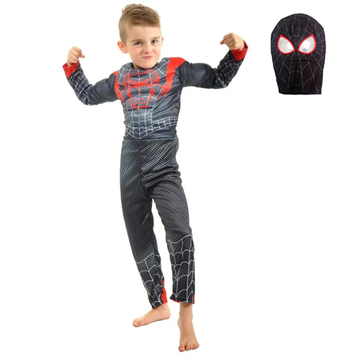 Костюм На Спайдърмен, Vika®, Цял, С мускули, Маска Spiderman, Черен, Размер S, 110-120см