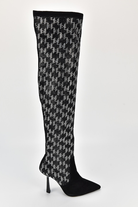 Karl Lagerfeld, Ботуши до коляното с декоративни камъни, Сребрист/Черен