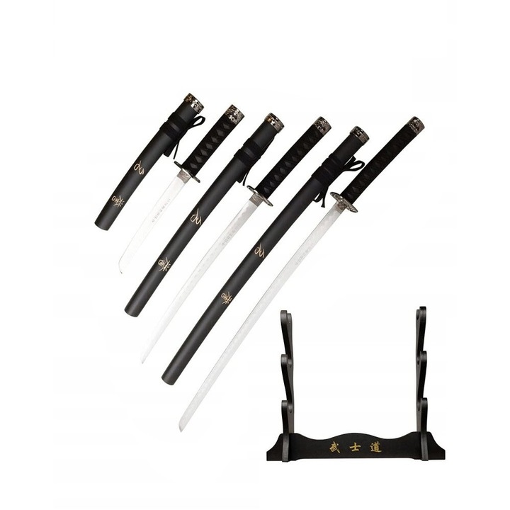 Set de 3 Sabii cu Teaca si Suport, Otel carbon, Lemn, TL492-395CA-3PCS