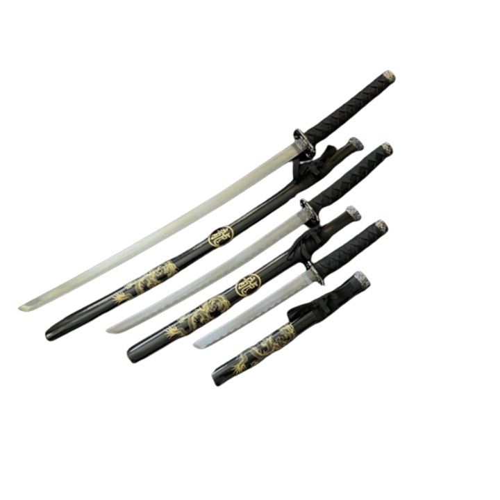 Set de 3 Sabii cu Teaca si Suport, Decorativa, din Otel Carbon, Lemn, Negru, 5KM31-3PC