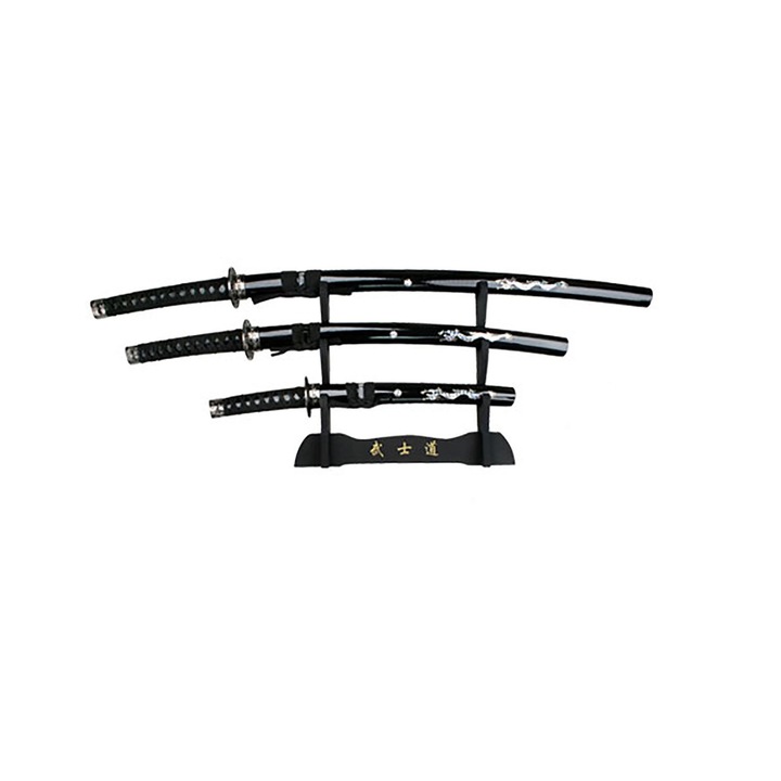 Set de 3 Sabii de Samurai cu Teaca si Suport, Inox, JS-697