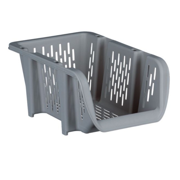Cos de depozitare cu deschidere si laterale perforate, stivuibil, plastic, gri, 30,7 x 20 x 13,4 cm