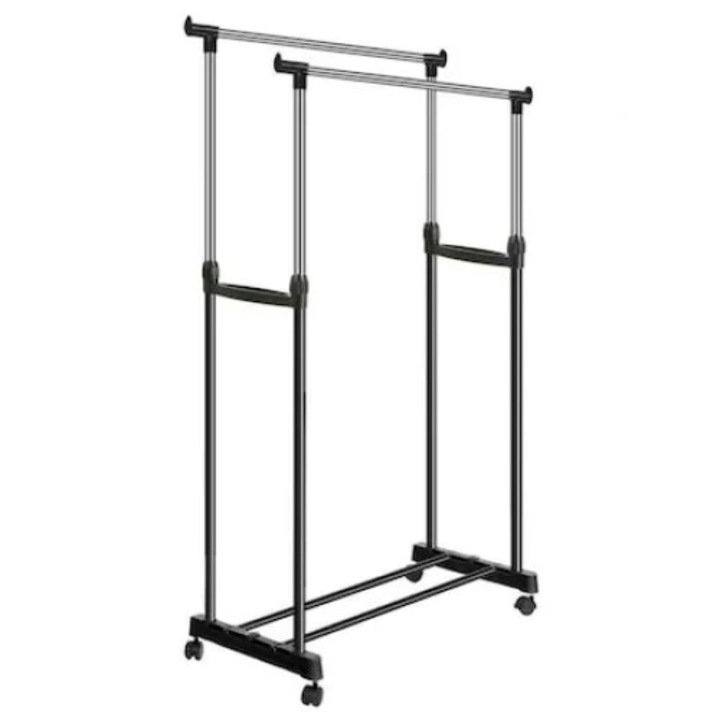 Suport pentru haine, din metal, cu inaltime reglabila si roti, dublu, cu suport pentru pantofi, negru/argintiu