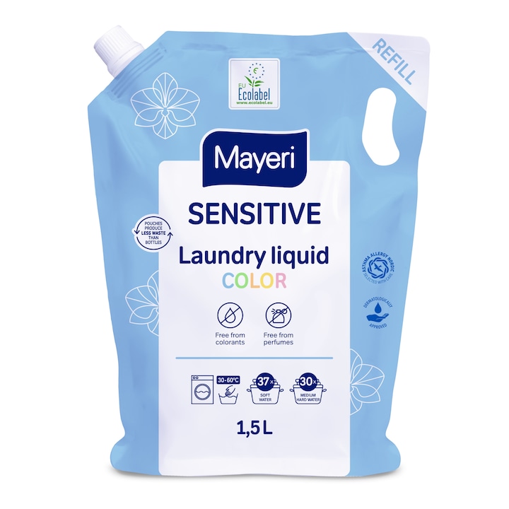 Detergent lichid SENSITIVE COLOR pentru haine colorate fara parfum, coloranti sau agenti de conservare 1,5L © Mayeri Sensitive