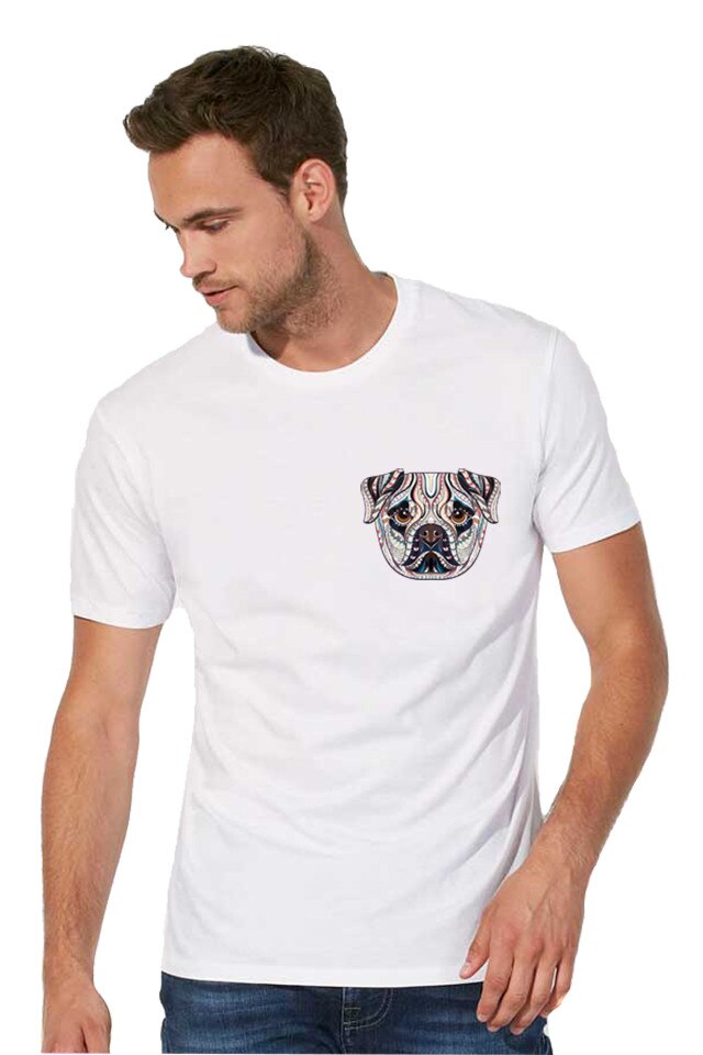 Tricou imprimeu Pugdog de buzunar, Alb