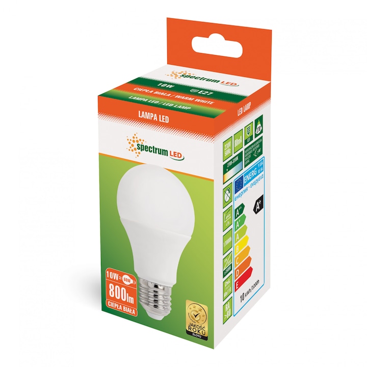 Bec LED 10W E-27, forma glob, Spectrum, lumina calda, 17000 ore, echivalent 60W
