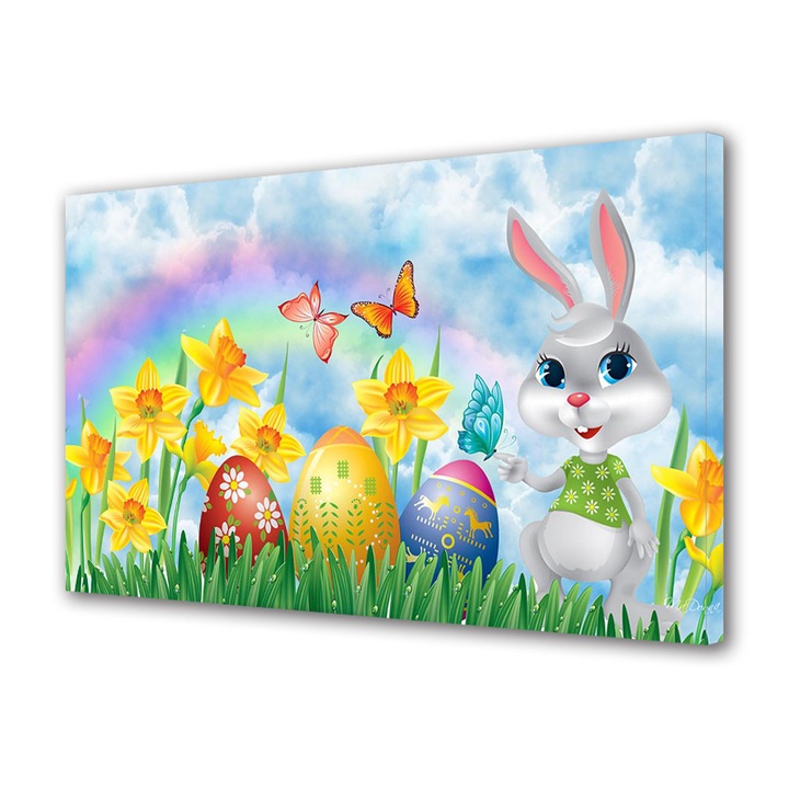 Tablou Canvas Sarbatori Paste Iepuras, fluturi, flori si oua de Paste 20 x 30 cm