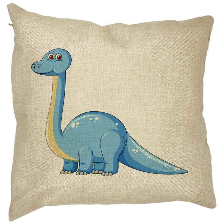 Gyermek négyzet alakú díszpárna, kék dinoszaurusz, 40x40 cm, levehető huzat, fújtató