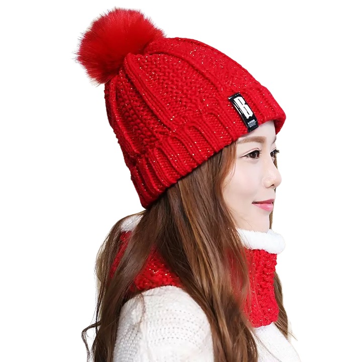 Set caciula si fular dama, Izamel, Lana/Acril, Rosu