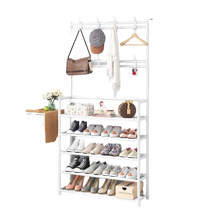 Cuier haine cu suport pantofi, Lexi, 8 agatatori, 5 rafturi, alb, 172x80x26 cm