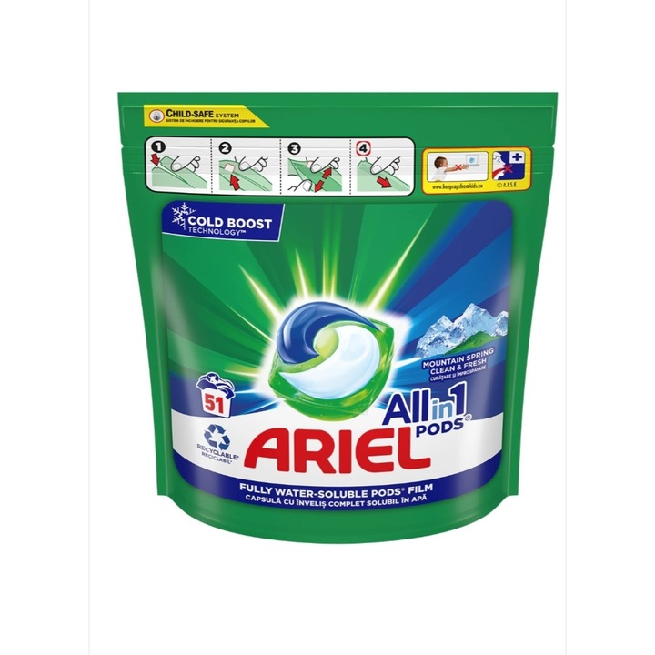 Ariel All in One hüvelyes Mountain Spring kapszula mosószer, 50 mosás