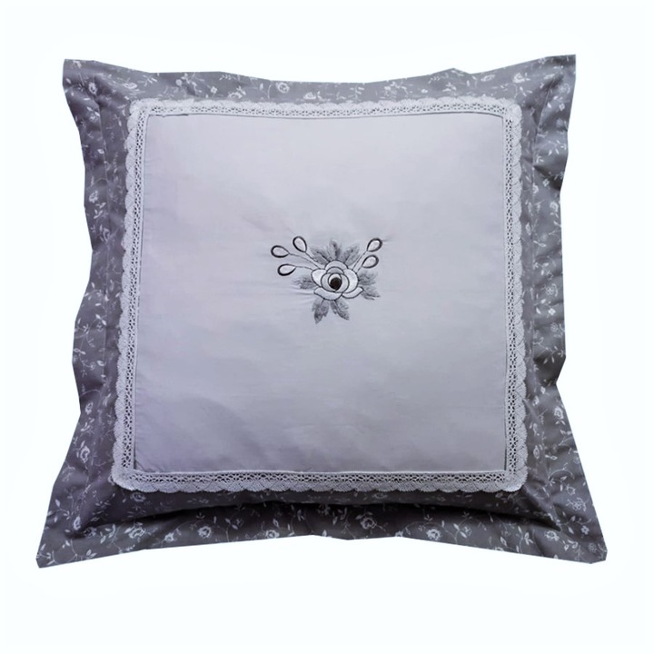 Set 2 x Fata de perna 70 cm x 70 cm, Casa Bucuriei, model Bordura trandafiri, gri deschis, Bumbac 100%
