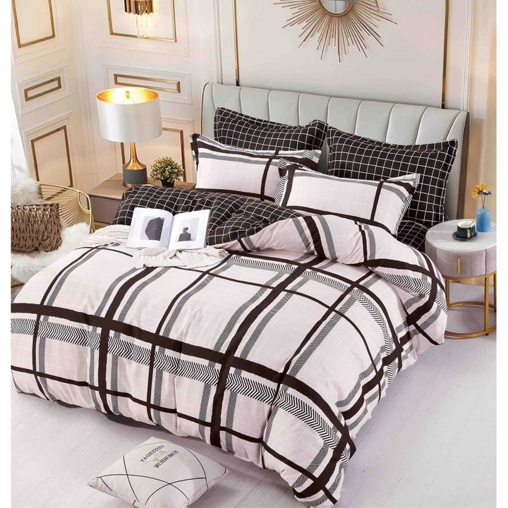 Двойно спално бельо с ластик, Jojo Home, M1, 6 части, 2 лица, 180x200см, Finet Superior, Бяло Черно
