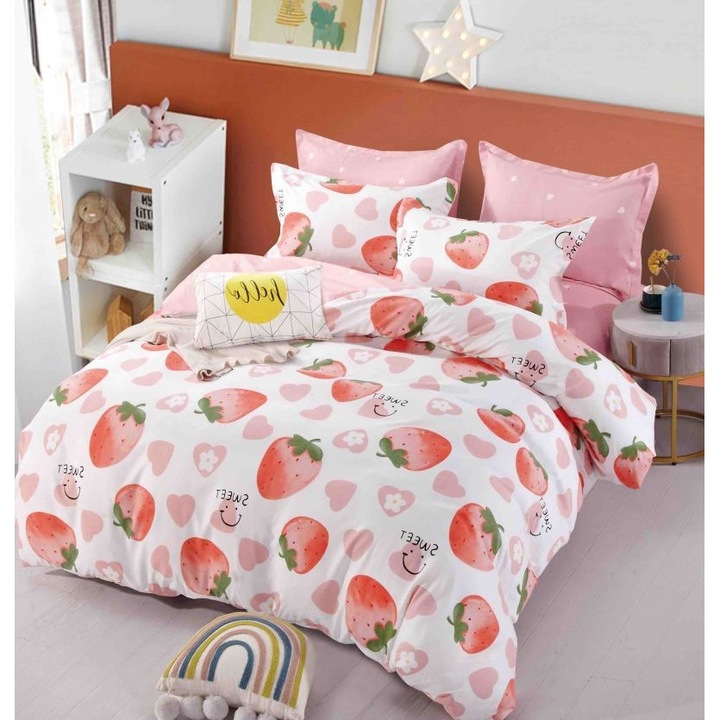 Двойно спално бельо с ластик, Jojo Home, щампа ягоди, 6 части, 2 лица, 180x200см, Finet Superior, Бяло Розово