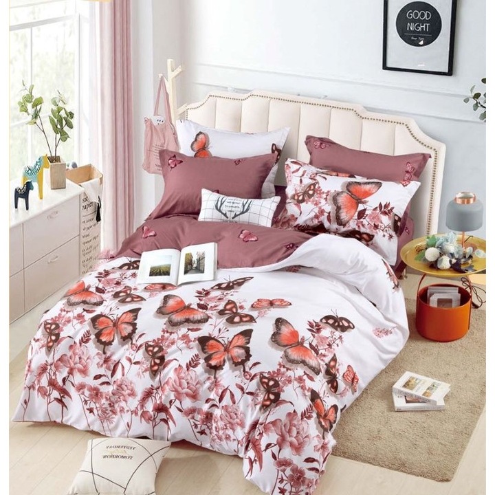 Спално бельо, Jojo Home, Щампа с пеперуди, 6 части, 2 лица, 245x250 см, Finet Superior, White Pink Plumaniu