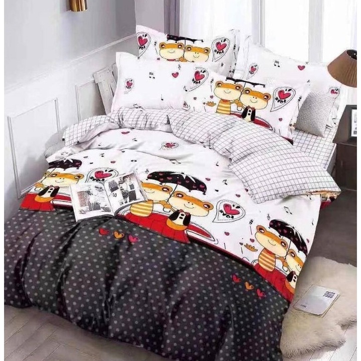 Спално бельо, Jojo Home, щампа жаба, 6 части, 2 лица, 234x240см, Finet Superior, Бяло сиво