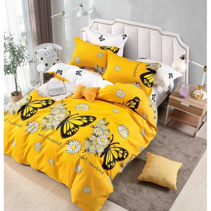 Двойно спално бельо с ластик, Jojo Home, Пеперуди, 6 части, 2 лица, 180x200см, Finet Superior, Жълто