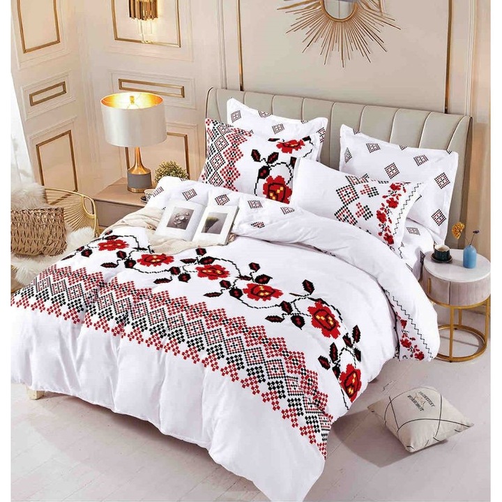 Lenjerie de pat dublu cu elastic, Jojo Home, imprimeu Traditional, M4, 6 piese, 2 persoane, 180x200cm, Finet Superior, Alb Multicolor