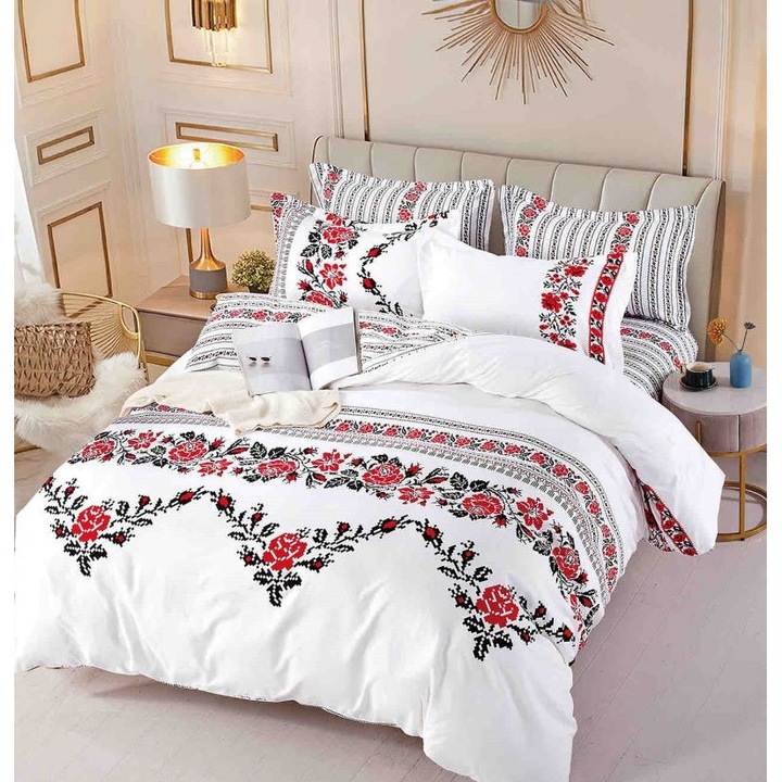Lenjerie de pat dublu cu elastic, Jojo Home, imprimeu Traditional, M7, 6 piese, 2 persoane, 180x200cm, Finet Superior, Alb Multicolor