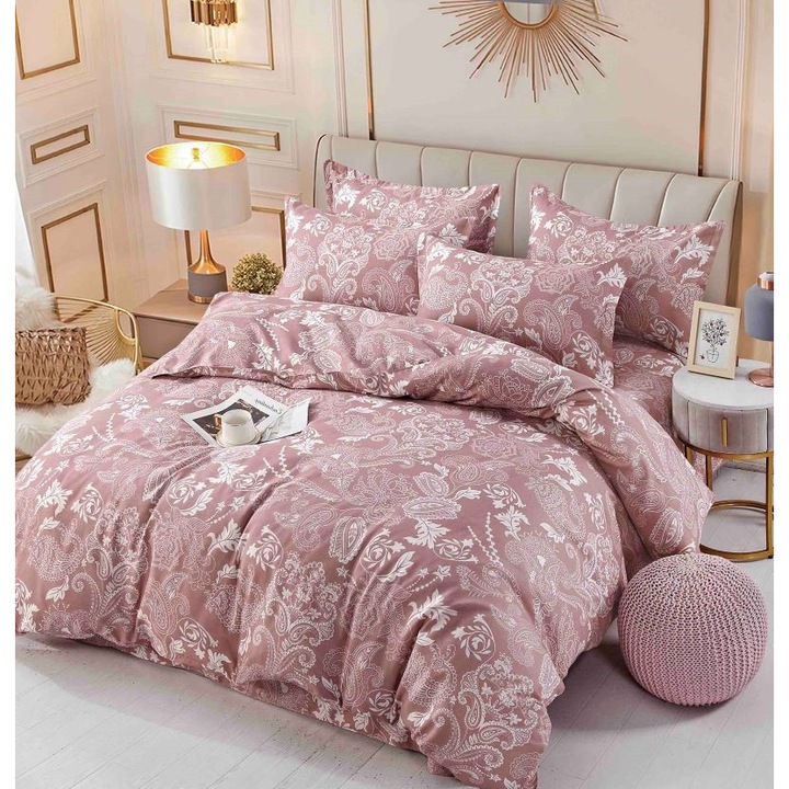 Lenjerie de pat, Jojo Home, Imprimeu Flori, 6 piese, 2 persoane, 245x250cm, Finet Superior, Roz