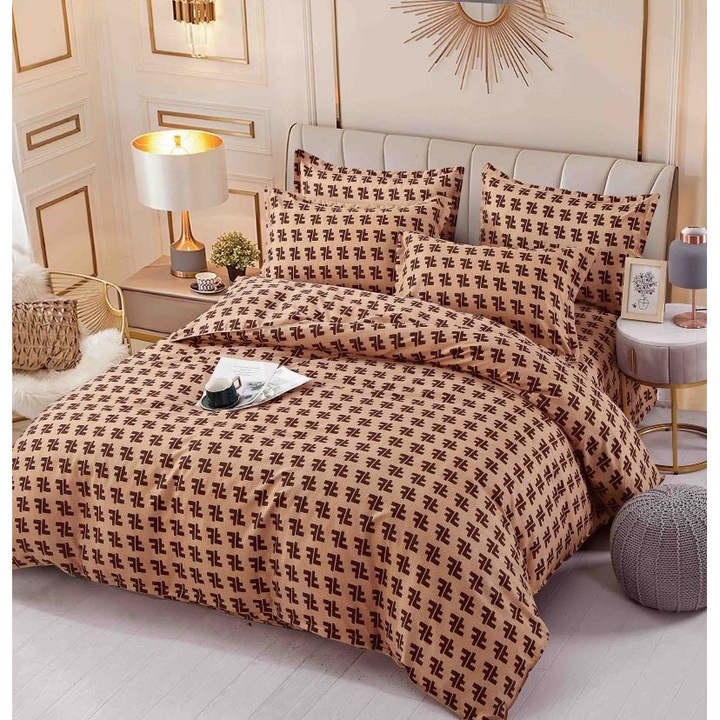 Lenjerie de pat, Jojo Home, 6 piese, 2 persoane, 245x250cm, Finet Superior, Bej Nuante