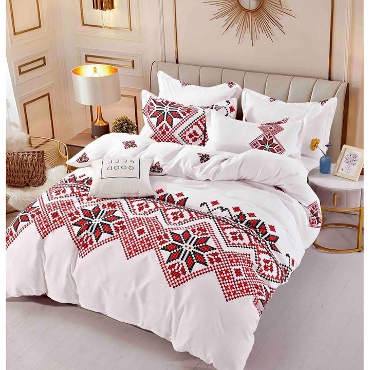 Lenjerie de pat, Jojo Home, Imprimeu Traditional, M2, 6 piese, 2 persoane, 245x250cm, Finet Superior, Alb Multicolor