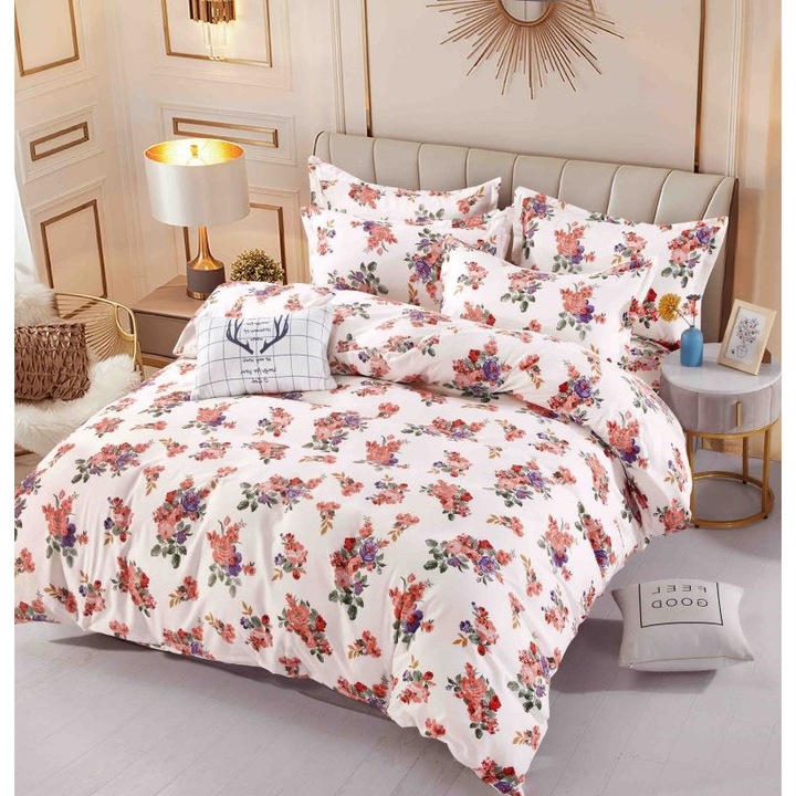 Спално бельо, Jojo Home, Щампа на букет цветя, 6 части, 2 лица, 245x250 см, Finet Superior, бежово многоцветно