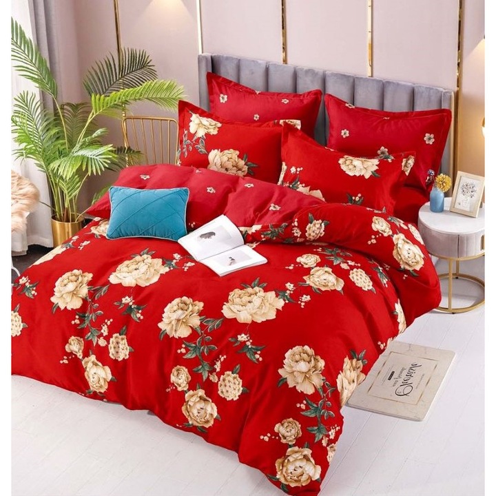 Спално бельо, Jojo Home, щампа Божури, 6 части, 2 лица, 245x250см, Finet Superior, Червен