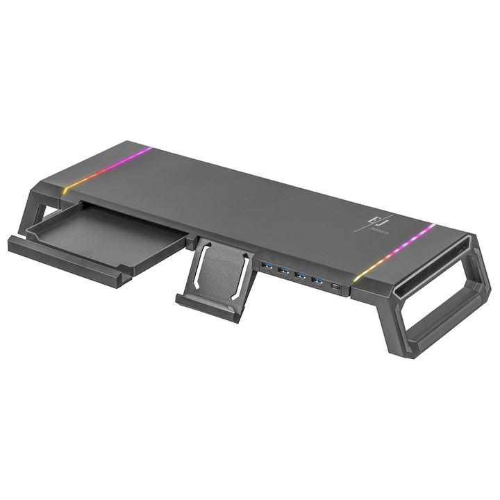 Masuta ergonomica pentru laptop cu lumini gaming RGB si hub USB 3.0, suport pentru ecran cu depozitare, masa ergonomica pentru monitor cu stand pentru telefon, negru