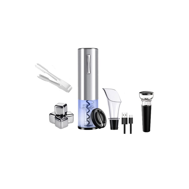 Set pentru vin Cold AutomaticWineSet, tirbuson electric, taietor de folie, aerator, picurator si 4 cuburi din otel reutilizabile, aluminiu, argintiu, Doty®️