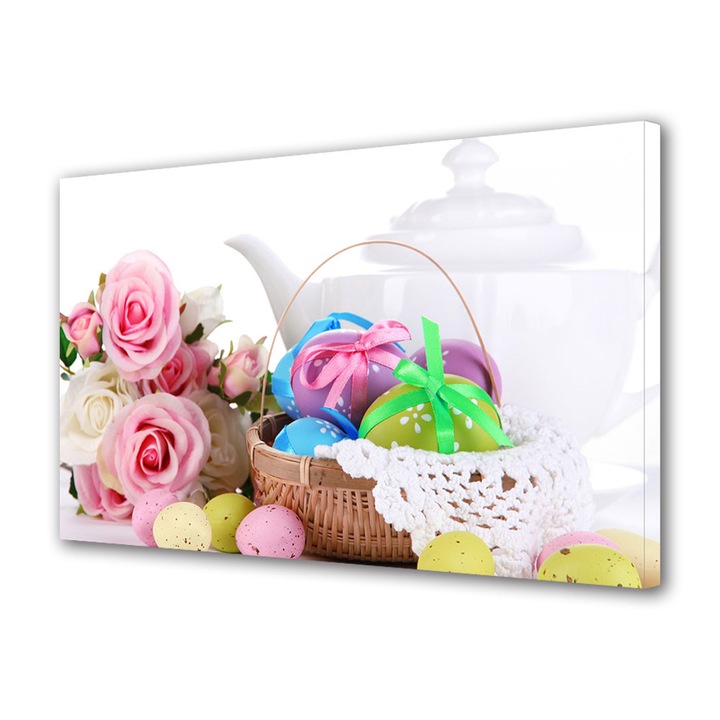 Tablou Canvas Sarbatori Paste Trandafiri roz si oua 20 x 30 cm