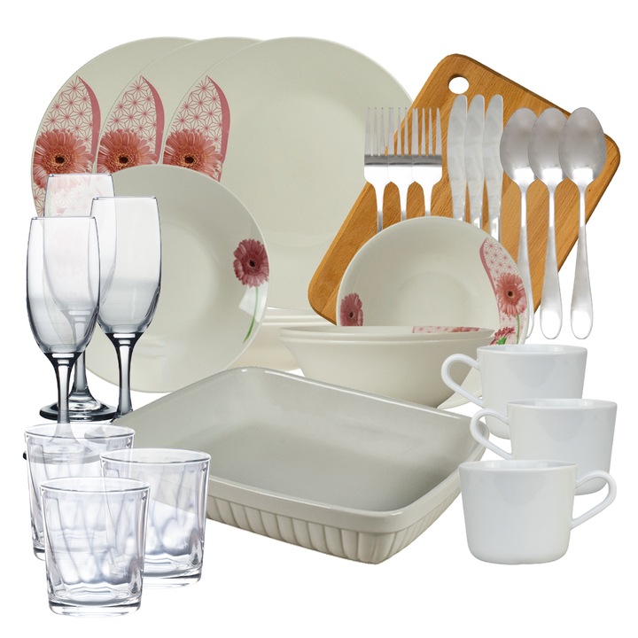 Set complet de masa, Daisy, 29 piese, Portelan, Alb cu margareta
