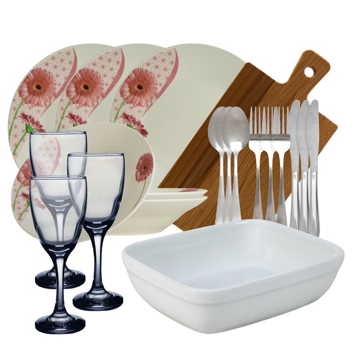 Set complet de masa, Daisy, 20 piese, Portelan, Alb cu margareta