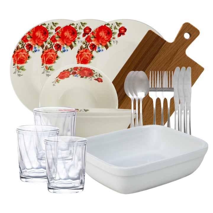 Set complet de masa, Red Rose, 20 piese, Portelan, Alb cu trandafir rosu