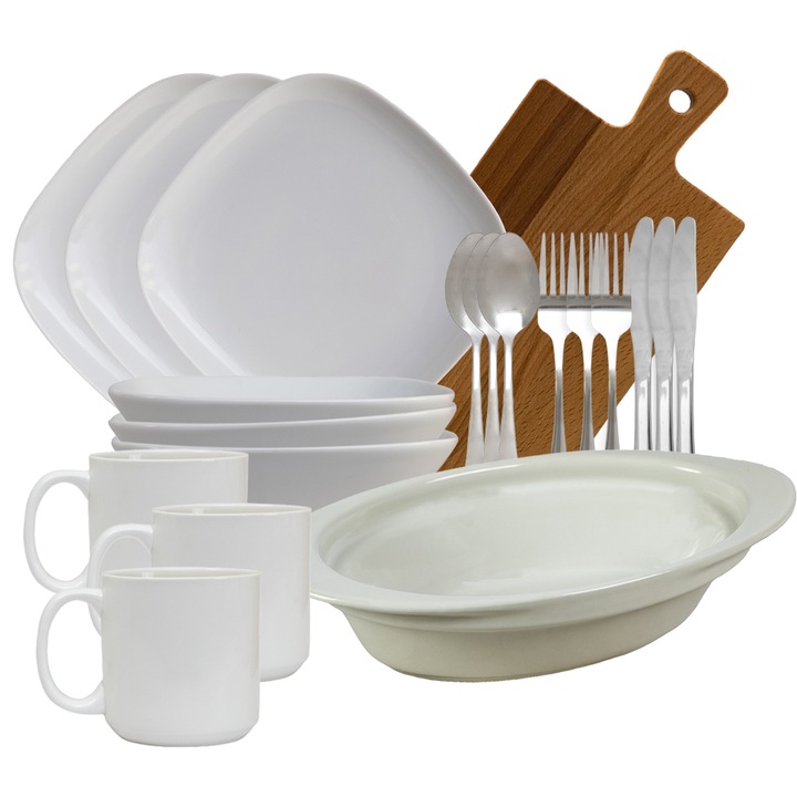 Set complet de masa, White, 20 piese, Portelan, Alb Lucios